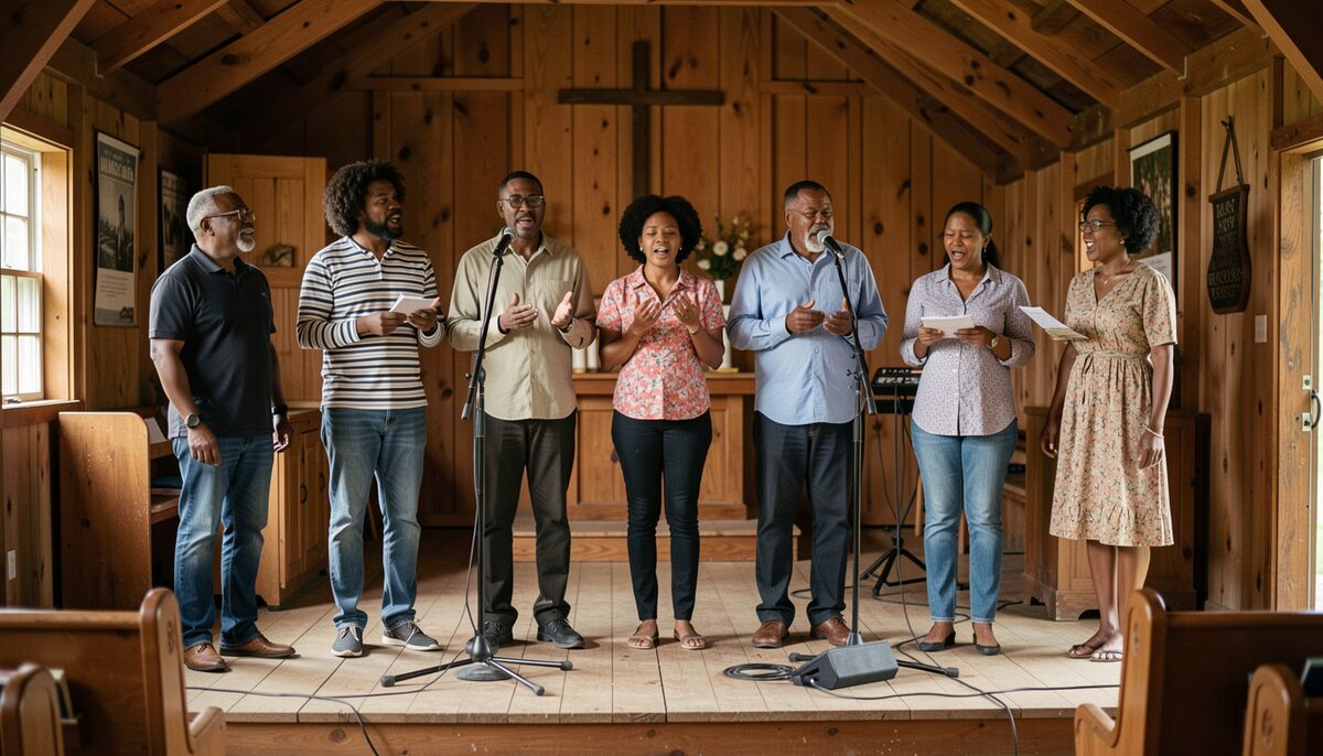 A family gospel group of parents and adult children singing together in a rural church.