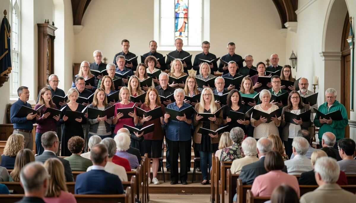 A gospel mass choir in rehearsal in a church fellowship hall, rows of singers in dark robes around a director.