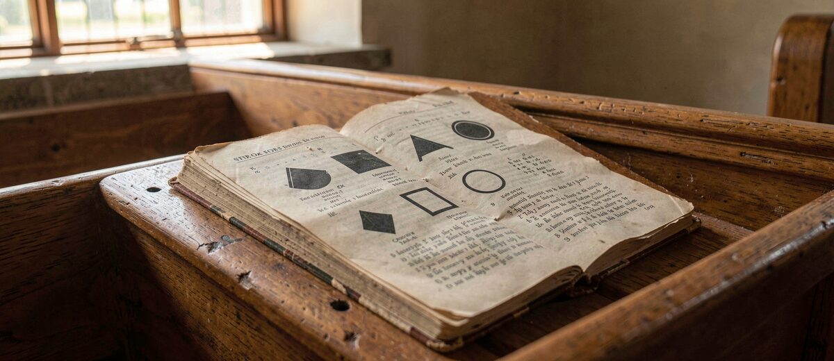A worn shape-note gospel tunebook open on a wooden church pew, shaped note heads on the page