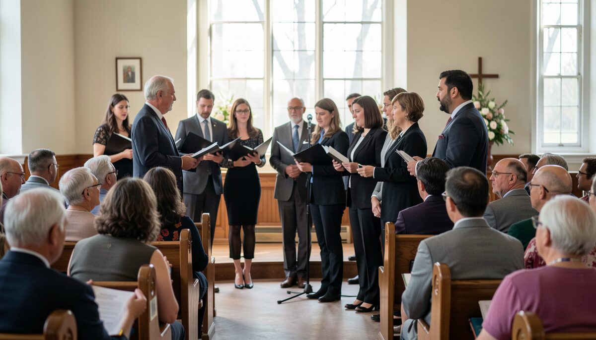 A church sanctuary decorated for a choir anniversary with guest choirs seated in the first pews.