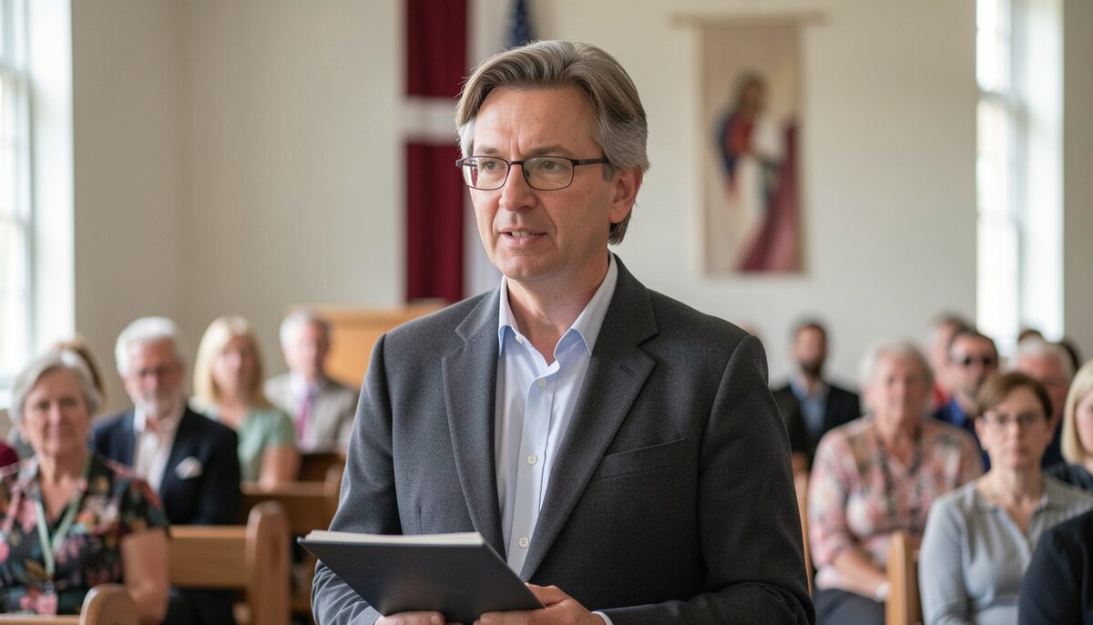 A deacon standing at the front of a small church lining out a hymn, congregation following with hymnals.